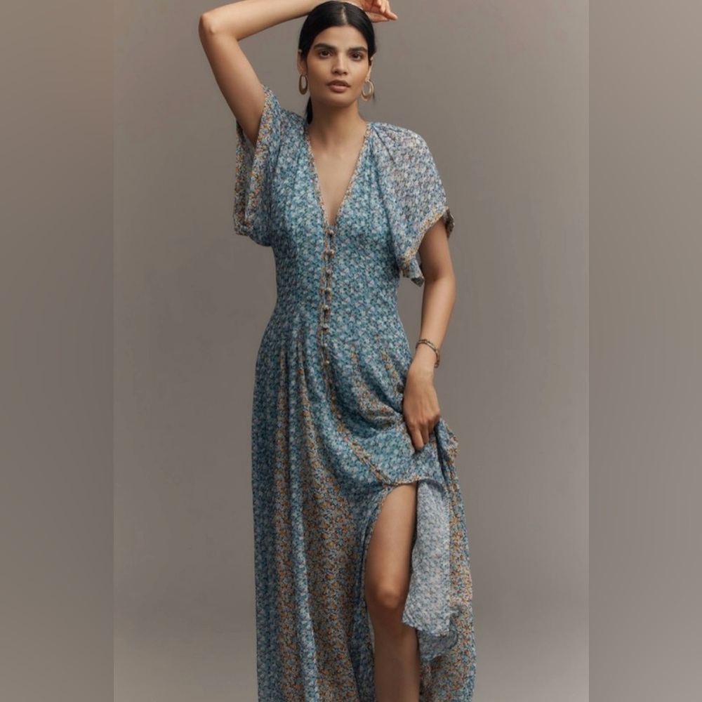 Anthropologie Maeve Pleated Smocked Maxi Dress